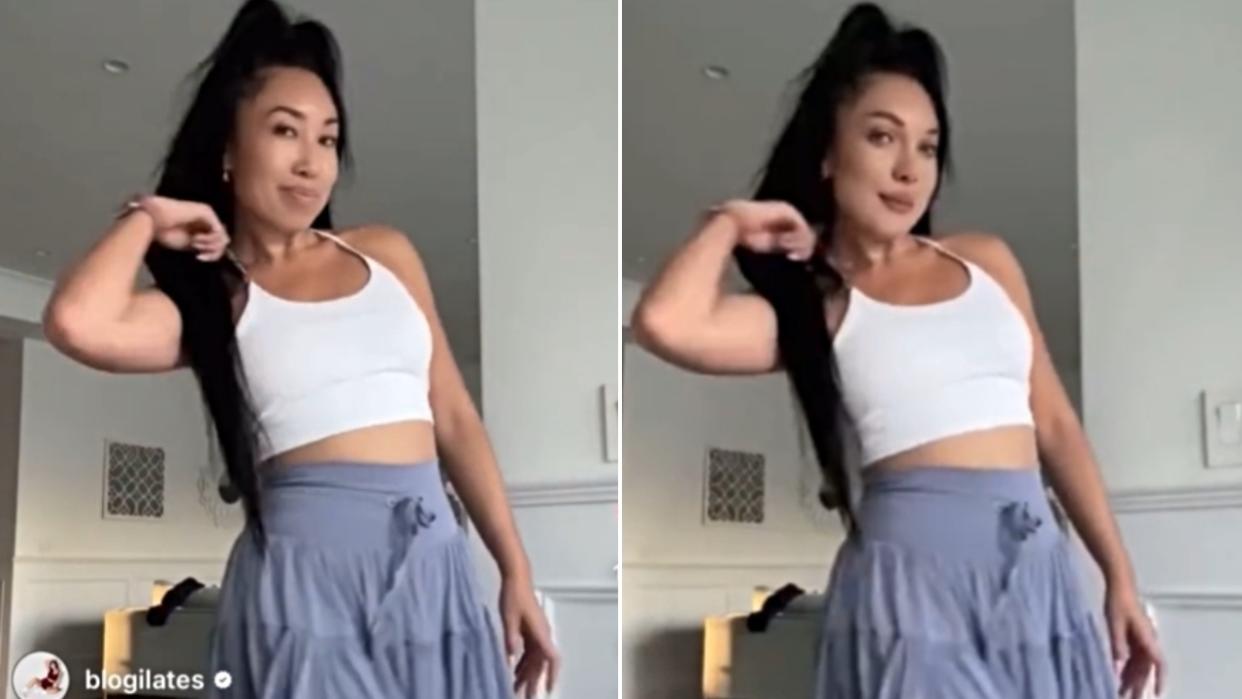 A split image of Cassey Ho's video showing her Pirouette Skirt and Begoing's version of the same video with an altered face
