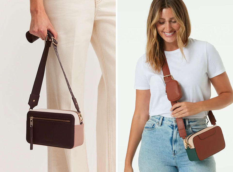 L: Country Road model holds a handbag. R: Kmart model wears a handbag