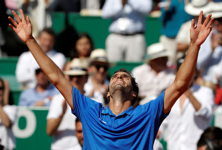 Tennis - Monte Carlo Masters - Monaco, 22/04/2017. Albert Ramos-Vinolas of Spain reacts after defeating Lucas Pouille of France. REUTERS/Eric Gaillard