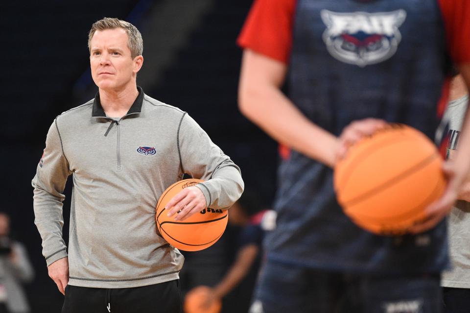 Florida Atlantic University head coach Dusty May is seen on the court during a practice preceding the East Regional semifinal round of the NCAA Tournament in Madison Square Garden, Wednesday, March 22, 2023.