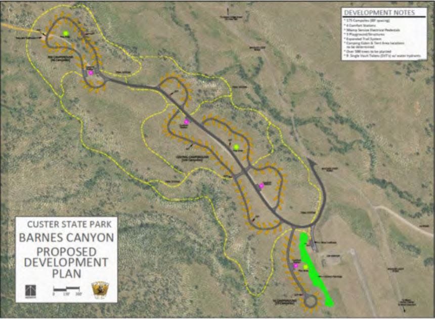 Low resolution copy of a map illustrating the 175 proposed campsites and accompanying road system Gov. Kristi Noem hopes to construct in Custer State Park. The proposed project is estimated to cost $9.9 million.