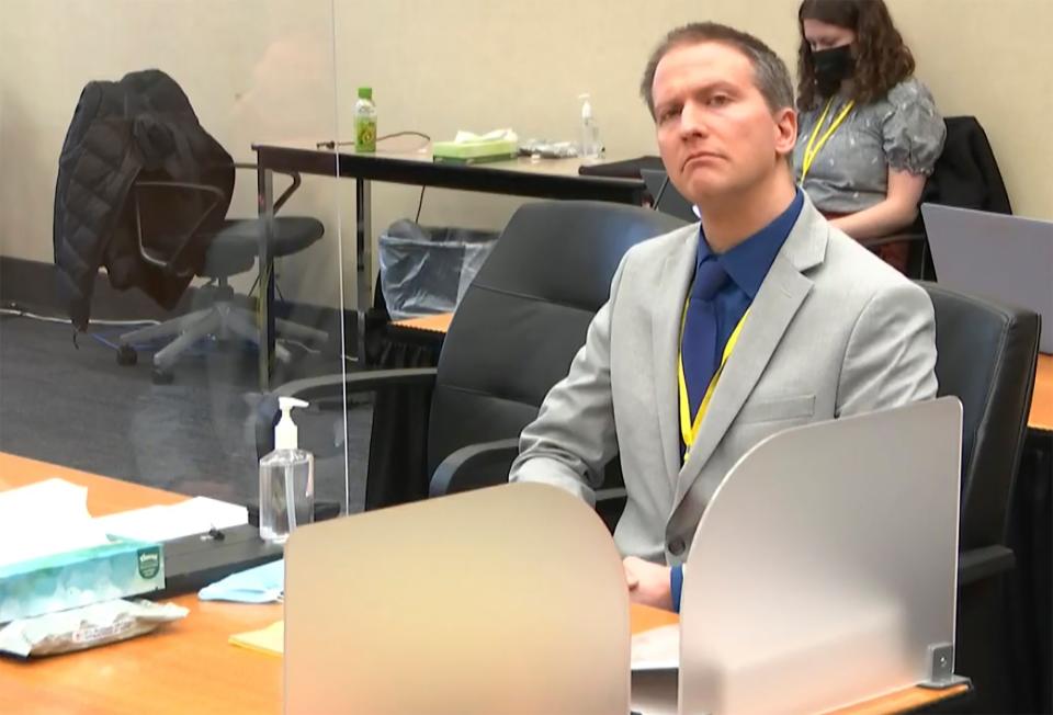 <p>In this image from video, former Minneapolis police Officer Derek Chauvin listens as his defense attorney Eric Nelson gives closing arguments as Hennepin County Judge Peter Cahill preside Monday, April 19, 2021, in the trial of Chauvin at the Hennepin County Courthouse in Minneapolis. Chauvin is charged in the May 25, 2020 death of George Floyd.  </p> ((Court TV via AP, Pool))