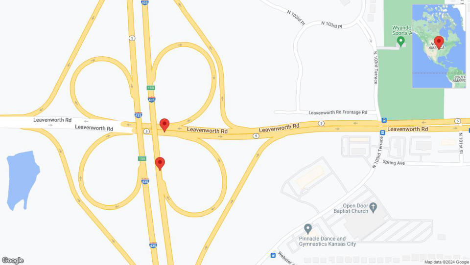 A detailed map that shows the affected road due to 'Kansas 5 closed in Kansas City' on May 7th at 8:03 p.m.