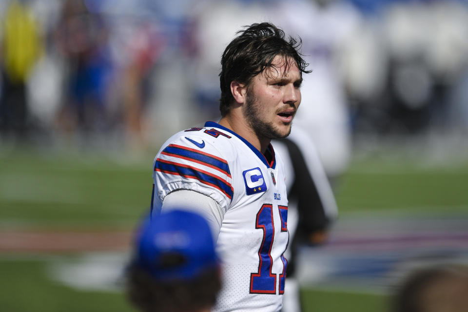 Buffalo Bills quarterback Josh Allen reacts during the second half of an NFL football game against the Los Angeles Rams Sunday, Sept. 27, 2020, in Orchard Park, N.Y. (AP Photo/Adrian Kraus)