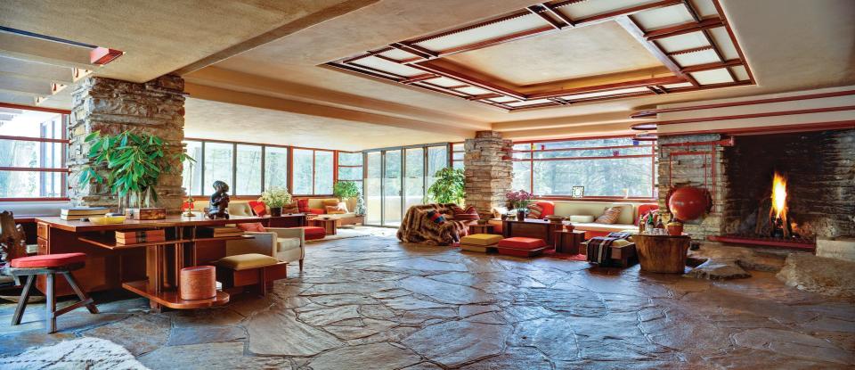 This is a view from the living room of the Frank Lloyd Wright-designed Fallingwater in Pennsylvania.