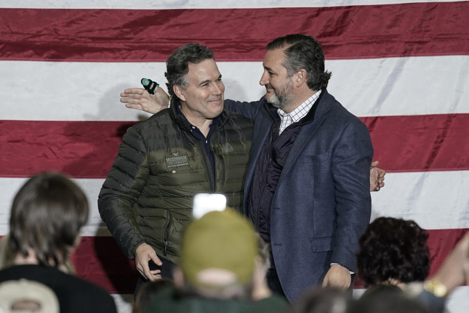 Dave McCormick, a Republican candidate for U.S. Senate in Pennsylvania, left, is joined by Sen. Ted Cruz, R-Texas, during a campaign event in Coplay, Pa., Tuesday, Jan. 25, 2022. (AP Photo/Matt Rourke)