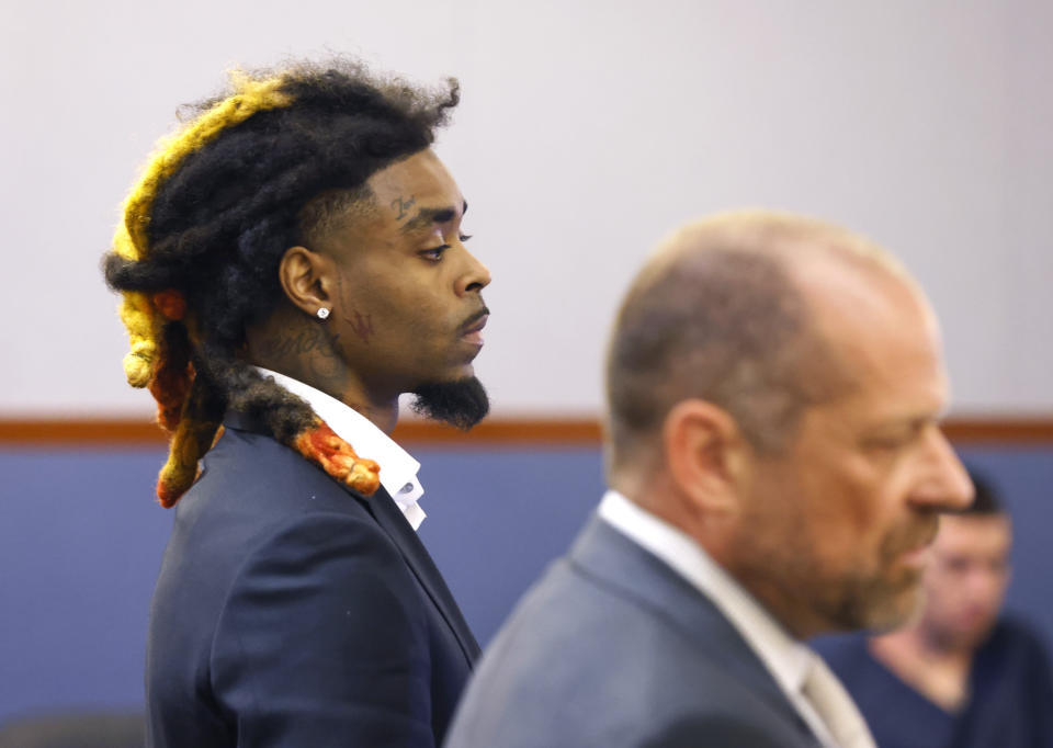 Former NFL cornerback Damon Arnette appears in court for his arraignment at the Regional Justice Center, Wednesday, May 24, 2023, in Las Vegas. Arnette pleaded not guilty to felony charges alleging that he brandished a handgun during an argument with Las Vegas Strip casino valets in January 2022, and his lawyer is challenging his indictment. (Bizuayehu Tesfaye/Las Vegas Review-Journal via AP)