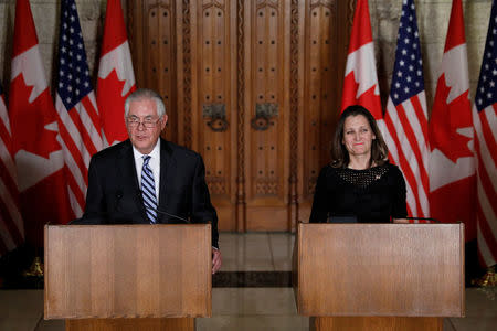 U.S. Secretary of State Rex Tillerson (L) and Canada's Foreign Minister Chrystia Freeland take part in a news conference on Parliament Hill in Ottawa, Ontario, Canada, December 19, 2017. REUTERS/Blair Gable