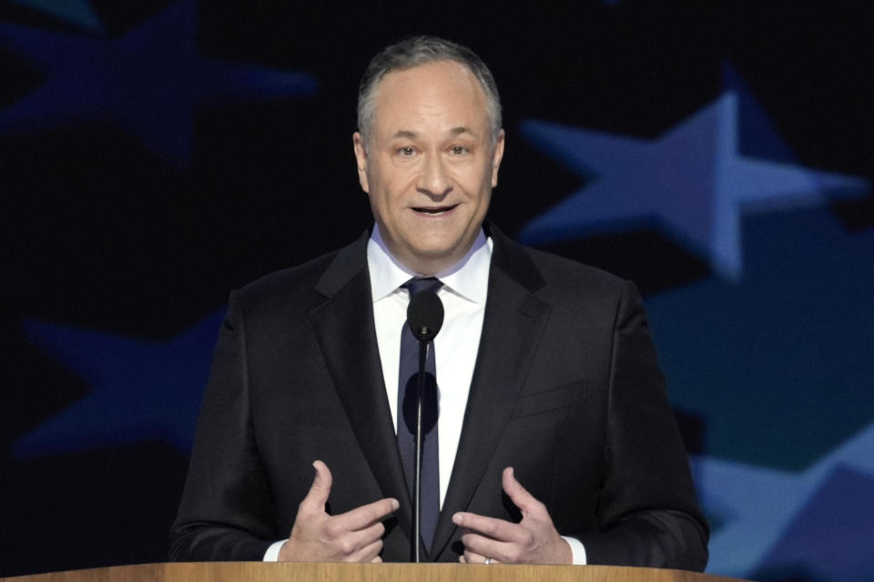 FILE - Second gentleman Douglas Emhoff speaks at the Democratic National Conventiony, Aug. 20, 2024, in Chicago. (AP Photo/J. Scott Applewhite, File)