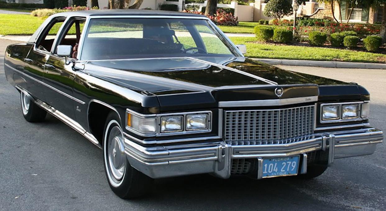 Front view of Black Cadillac Fleetwood, 1975 model