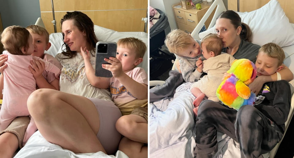 Two different photos show Skye Hamilton in hospital bed surrounded by her three children.