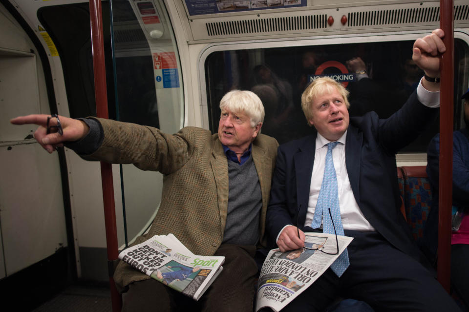 Boris Johnson sits next to his father Stanley (left) on the Bakerloo Line as he bumped into him by chance on the tube train as it left Marylebone Station in London.
