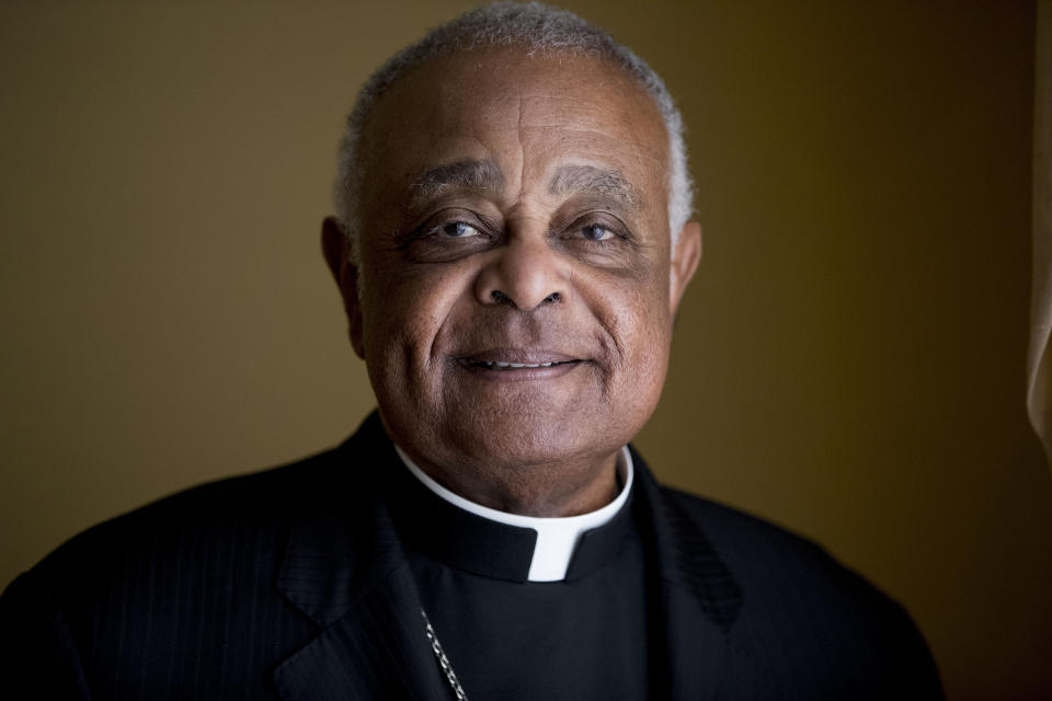 FILE - This Sunday, June 2, 2019, file photo shows Washington D.C. Archbishop Wilton Gregory posed for a portrait following mass at St. Augustine Church in Washington. Pope Francis has named 13 new cardinals, including Washington D.C. Archbishop Wilton Gregory, who would become the first Black U.S. prelate to earn the coveted red cap. In a surprise announcement from his studio window to faithful standing below in St. Peter’s Square, Sunday, Oct. 25, 2020, Francis said the churchmen would be elevated to a cardinal’s rank in a ceremony on Nov. 28. (AP Photo/Andrew Harnik, File)