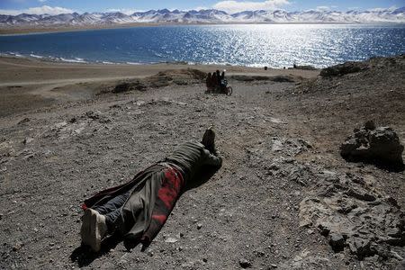 A Tibetan man prostrates himself above Namtso lake in the Tibet Autonomous Region, China November 17, 2015. REUTERS/Damir Sagolj/Files