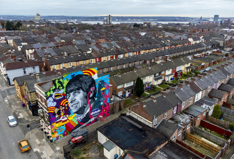 A mural of Ringo Starr, commissioned by Liverpool artist John Culshaw, is unveiled on the gable end of the Empress Pub on Admiral Street in Toxteth, Liverpool, acrossthe road from the childhood home of the former Beatle on Admiral Grove. Picture date: Monday March 7, 2022. (Photo by Peter Byrne/PA Images via Getty Images)