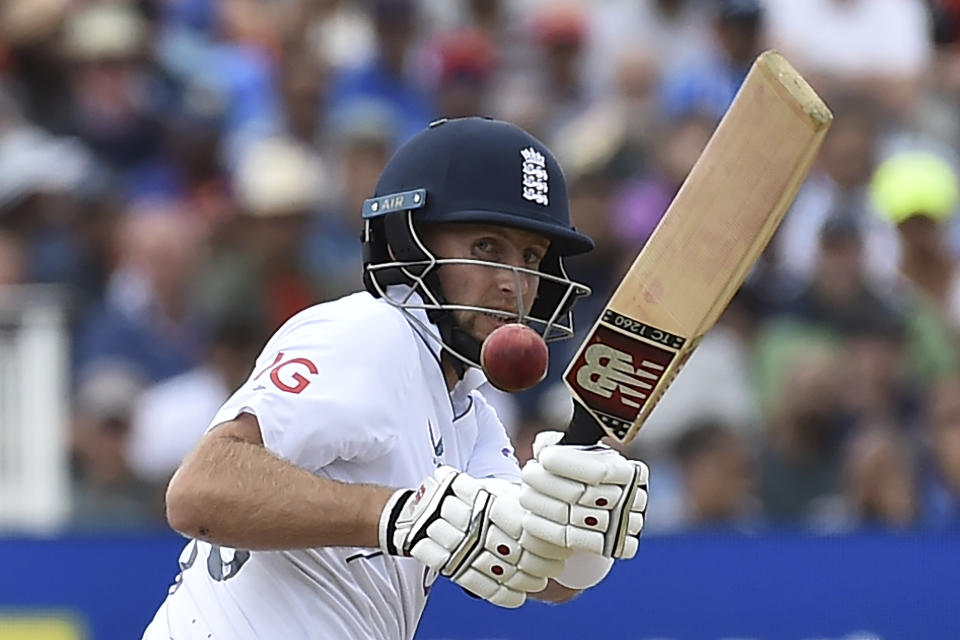 England's Joe Root plays a shot during the fourth day of the fifth cricket test match between England and India at Edgbaston in Birmingham, England, Monday, July 4, 2022. (AP Photo/Rui Vieira)