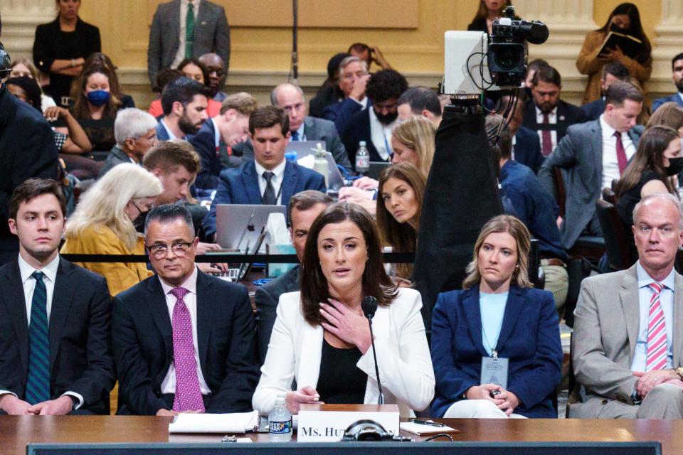 Cassidy Hutchinson, an aide to then-White House chief of staff Mark Meadows, describes the actions of former US President Donald Trump during a House Select Committee hearing to Investigate the Jan. 6, 2021, attack on the US Capitol, in the Cannon House Office Building on Capitol Hill in Washington on June 28, 2022.