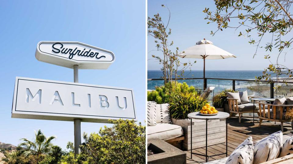 Two photos from the Surfrider hotel in Malibu, California. One photo shows the hotels sign, and the other the property's rooftop terrace