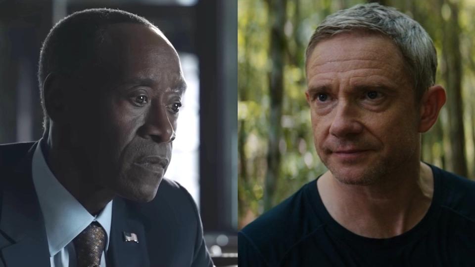 Don Cheadle looks forlorn as Colonel Rhodes split with MArtin Freeman in a t-shirt as Everett K. Ross