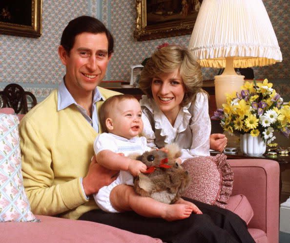 <p>Prince Charles and Princess Diana pose with Prince William, who clutches her favorite toy, a koala bear.</p>