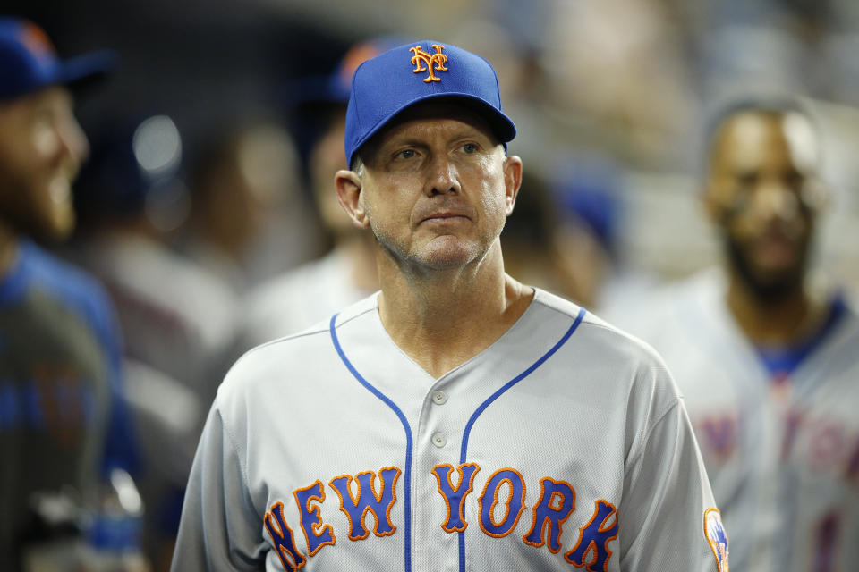 MIAMI, FLORIDA - APRIL 02:  Dave Eiland #58 of the New York Mets looks on against the Miami Marlins at Marlins Park on April 02, 2019 in Miami, Florida. (Photo by Michael Reaves/Getty Images)