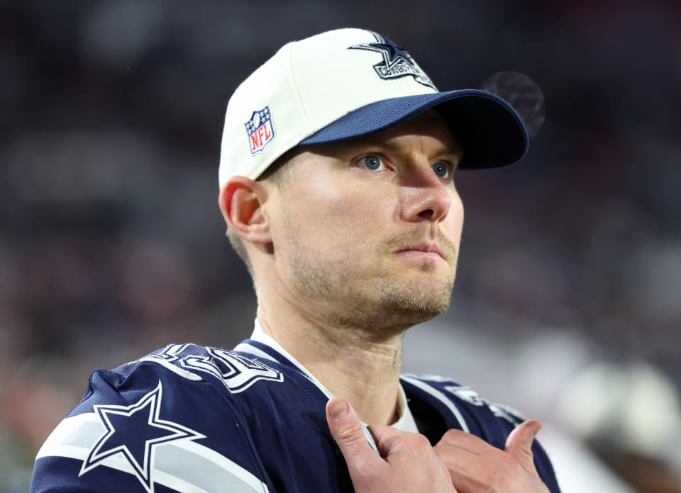 Jan 16, 2023; Tampa, Florida, USA; Dallas Cowboys place kicker Brett Maher (19) in the second half against the Tampa Bay Buccaneers during the wild card game at Raymond James Stadium. Mandatory Credit: Kim Klement-USA TODAY Sports