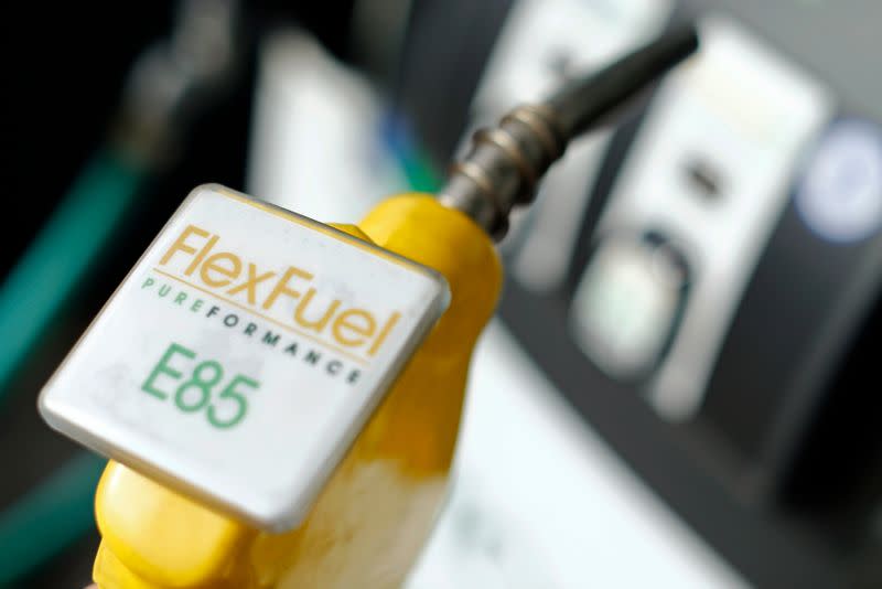 The fuel nozzle from a flex fuel pump is shown in this illustration photograph at a filling station in San Diego, California