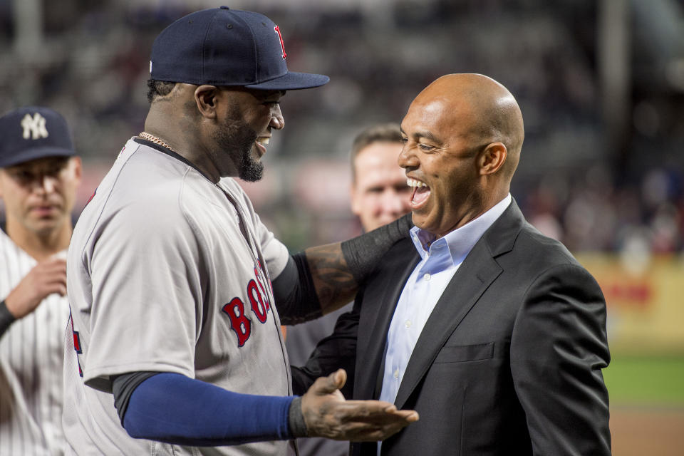 Former New York Yankees pitcher Mariano Rivera with David Ortiz before his retirement in 2016. (Photo by Billie Weiss/Boston Red Sox/Getty Images)