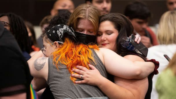 PHOTO: Abortion rights supporters react to the news that voters had rejected a state constitutional amendment that would have banned abortion during the Kansans for Constitutional Freedom election watch party in Overland Park, Kansas, Aug. 2, 2022. (Evert Nelson/usa Today Network/via Reuters)