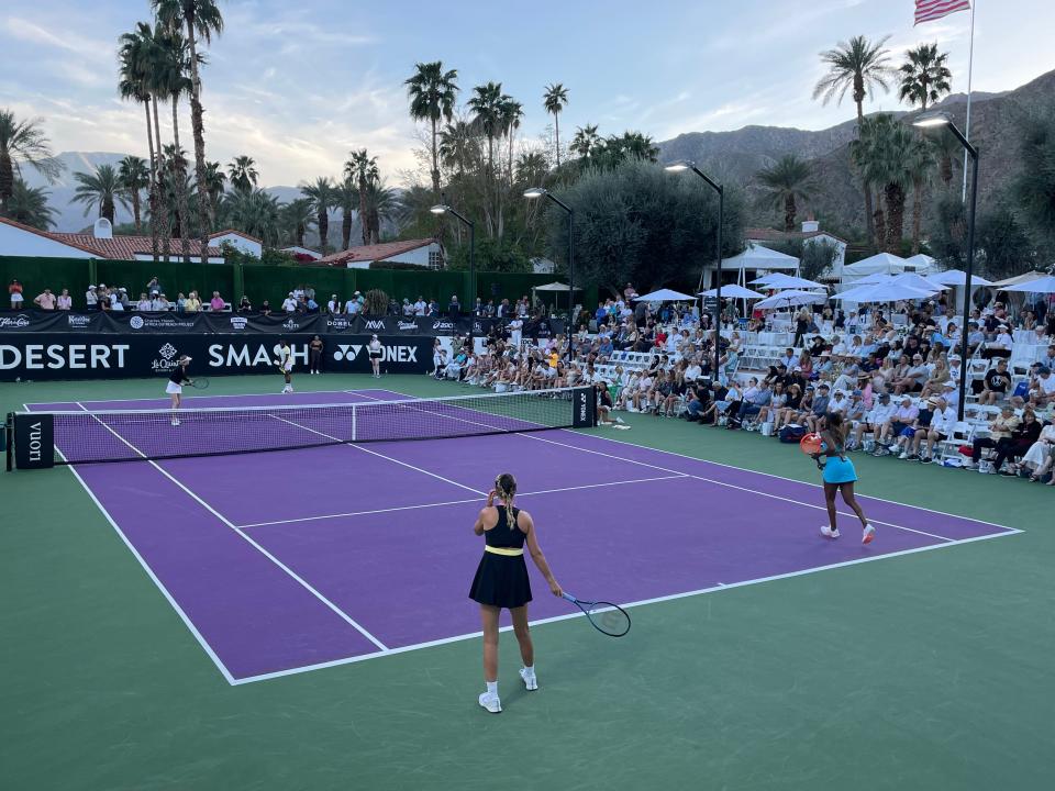 Actress Charlize Theron, "Insecure" star Yvonne Orji, two-time Grand Slam winner Victoria Azarenka and U.S. player Frances Tiafoe play at the Desert Smash celebrity charity event at the La Quinta Resort & Club on Tuesday, March 5, 2024.