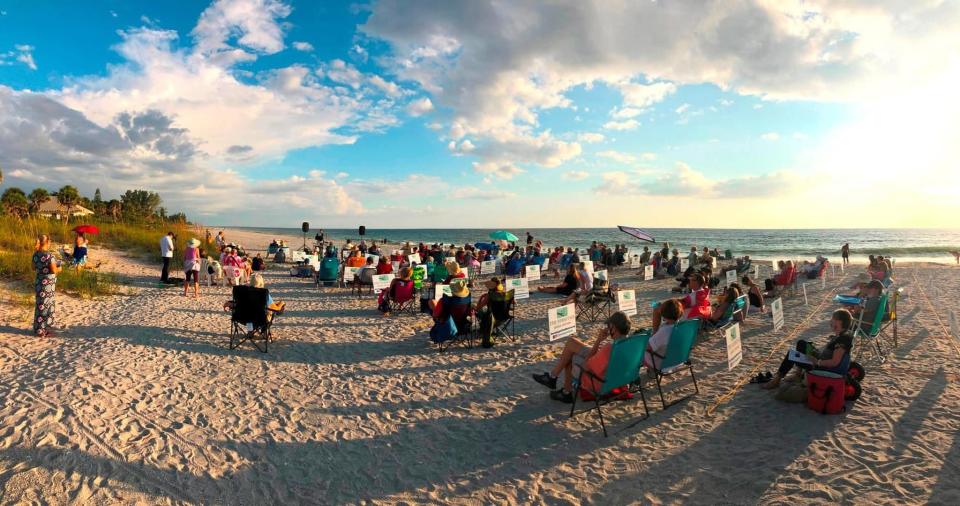 Patrons gathered on the beach on Manasota Key for one of many Hermitage Arts Retreat programs featuring artists from around the world. The Sarasota County retreat will receive $250,000 in support of its buildings in the new Florida state budget.