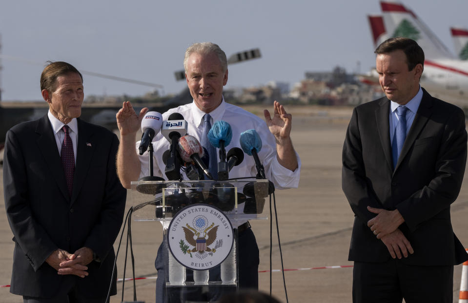 Sen. Chris Murphy, D-C.T., right, Sen. Chris Van Hollen, D-Md., center, and Sen. Richard Blumenthal, D-C.T., give a press conference at the military airbase in Beirut airport, Lebanon, Wednesday, Sept. 1, 2021. A delegation of four U.S. senators visiting Lebanon promised to work on easing Lebanon's crippling economic crisis. (AP Photo/ Hassan Ammar)