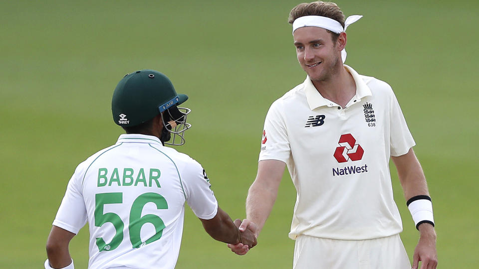 England's Stuart Broad shakes hands with Pakistan's Babar Azam after England won the test series 1-0 during day five of the third Test match at the Ageas Bowl, Southampton. (Photo by Alastair Grant/PA Images via Getty Images)