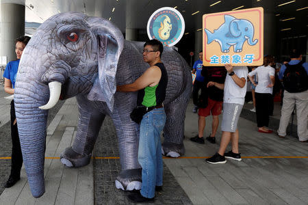 Activists, seeking to ban elephant ivory trade, protest outside the Legislative Council in Hong Kong, China June 6, 2017. REUTERS/Bobby Yip