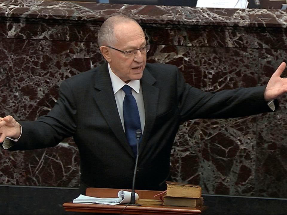 In this image from video, Alan Dershowitz, an attorney for President Donald Trump, speaks during the impeachment trial against Trump in the Senate at the U.S. Capitol in Washington, Monday, Jan. 27, 2020. (Senate Television via AP)