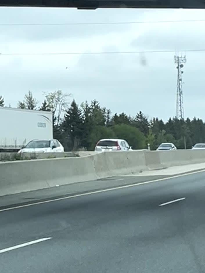 A driver seen traveling in the wrong direction on Highway 401 through Ayr on Sunday. (Jakob Weisz - image credit)