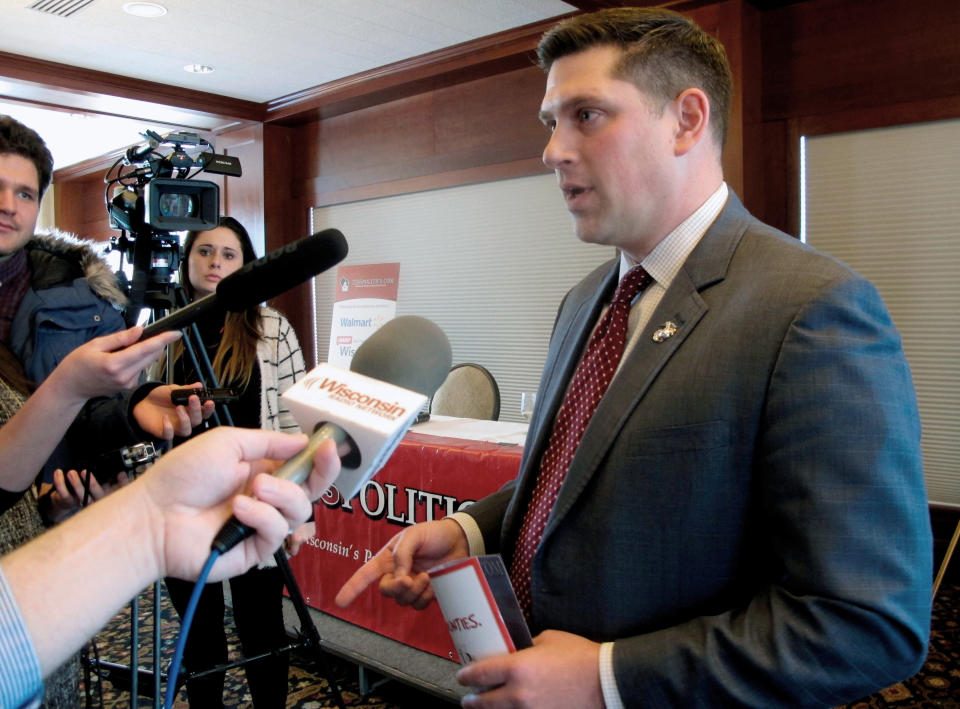 Wisconsin senatorial hopeful Kevin Nicholson, the insurgent in the Republican primary, speaks with reporters in January 2018. (Photo: Scott Bauer/AP)