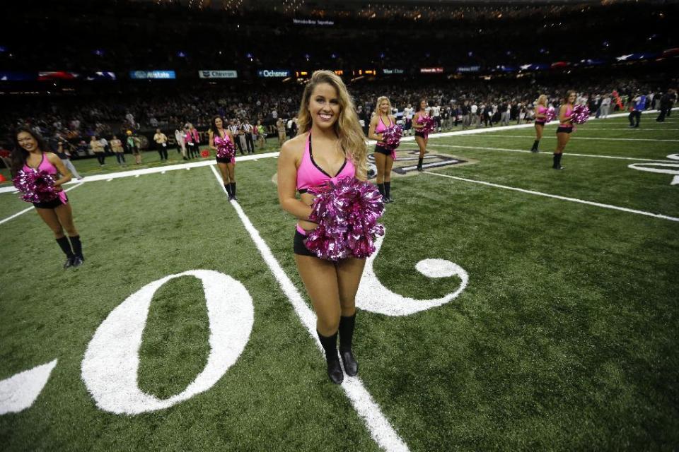 <p>New Orleans Saints cheerleaders perform before an NFL football game against the Carolina Panthers in New Orleans, Sunday, Oct. 16, 2016. (AP Photo/Gerald Herbert) </p>
