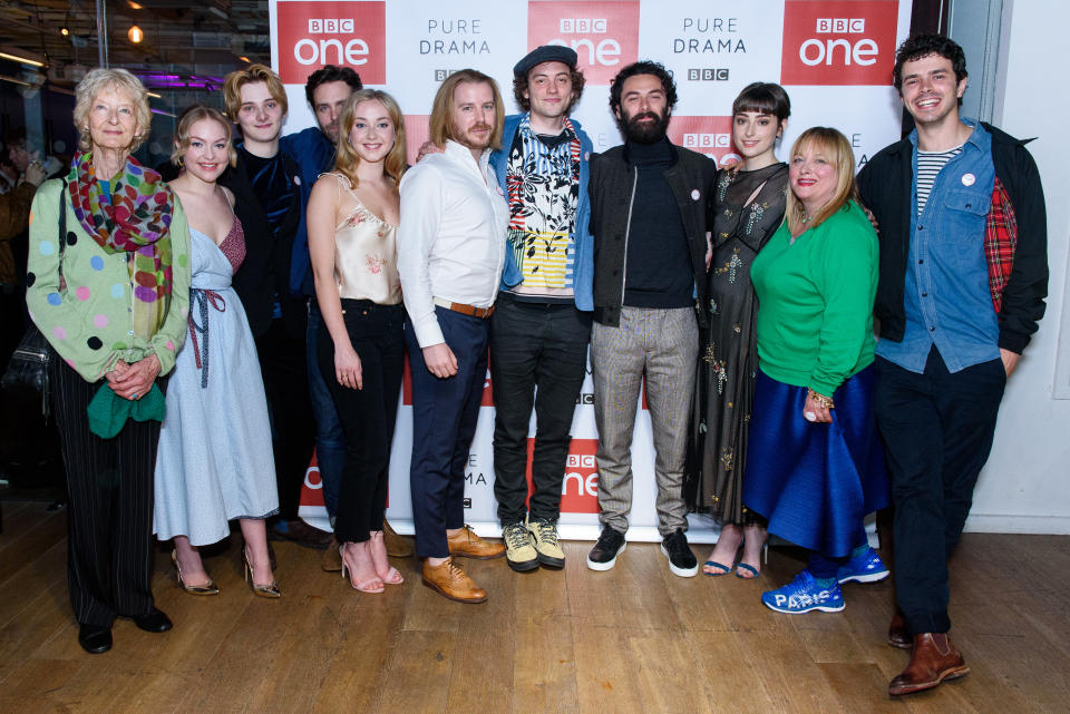 LONDON, ENGLAND - MAY 02: Caroline Blakiston, Ciara Charteris, Louis Davidson, Luke Norris, Esme Coy, Christian Brassington, Josh Whitehouse, Aidan Turner, Ellise Chappell, Beatie Edney and Harry Richardson attend the Poldark Series 4 premiere at BFI Southbank on May 2, 2018 in London, England. (Photo by Joe Maher/Getty Images)