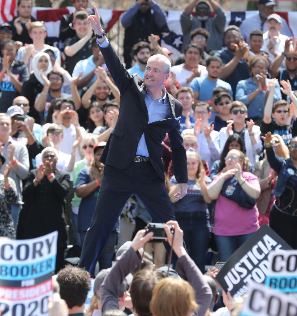 Governor Phil Murphy after he addressed supporters at a rally to kick off the Cory Booker campaign for president that was held at Military Park in Newark on April 13, 2019.