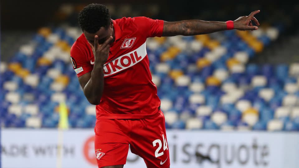 Promes celebrates after scoring for Spartak Moscow in a Europa League group C match against SSC Napoli at the Stadio Diego Armando Maradona on September 30, 2021 in Naples, Italy. - Francesco Pecoraro/Getty Images Europe/Getty Images