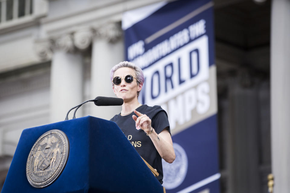 Team USA's Megan Rapinoe makes a point as she addresses the crowd during an event to honor the team's 2019 FIFA World Cup Championship title. (Ira L. Black/Corbis via Getty Images)