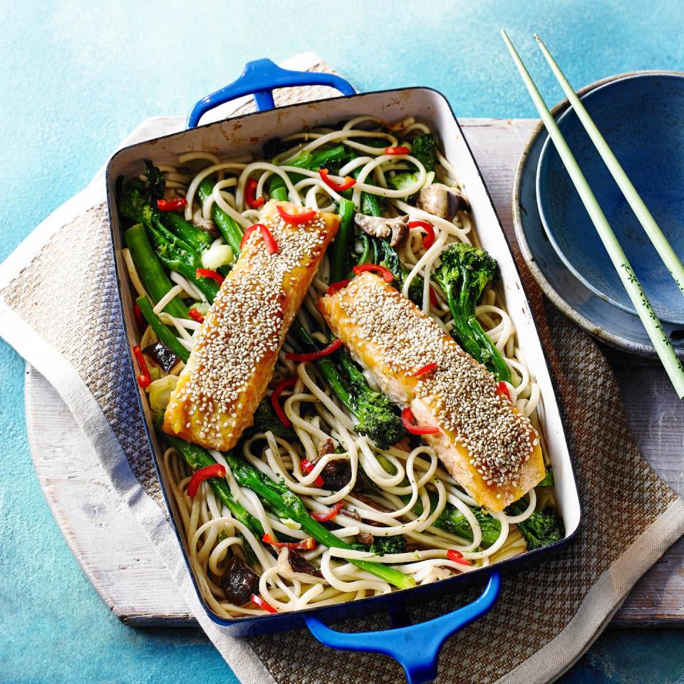Miso Salmon and Noodle Traybake - best traybake recipes 2022