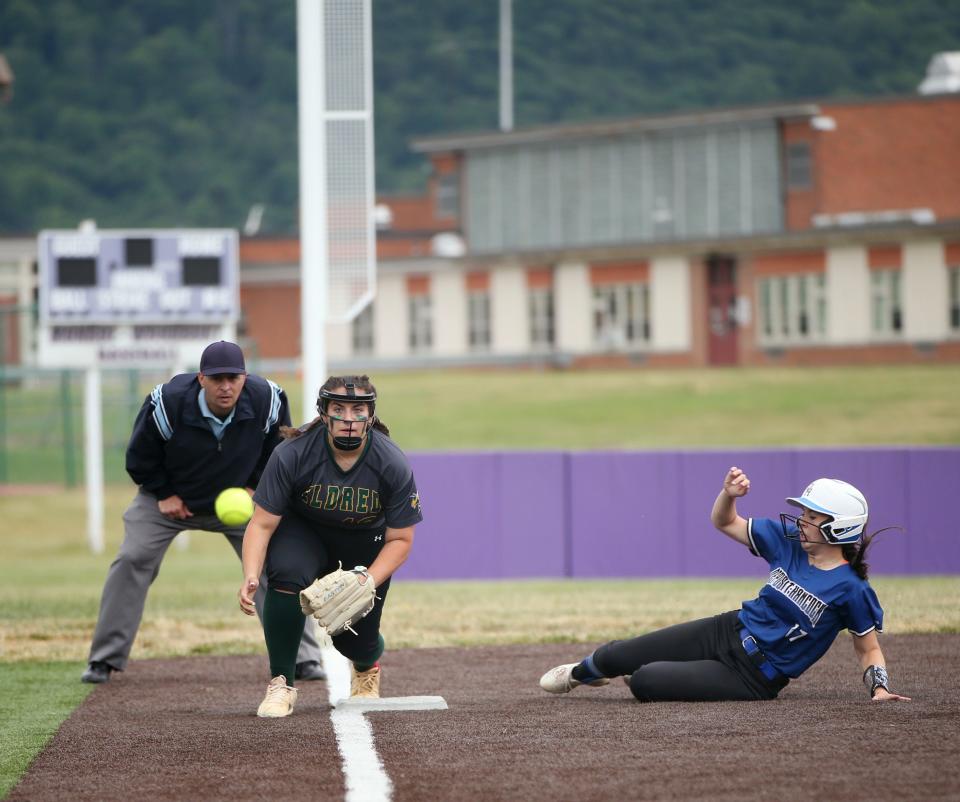 Deposit-Hancock's Olivia Johnston slides into third base under Eldred's Lindsay Zgrodek during the New York State Class D regional final on June 3, 2023. 