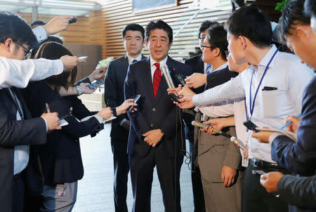 Japan's Prime Minister Shinzo Abe speaks on reports of the launch of a North Korean missile to reporters , at his official residence in Tokyo, Japan May 29, 2017. REUTERS/Toru Hanai