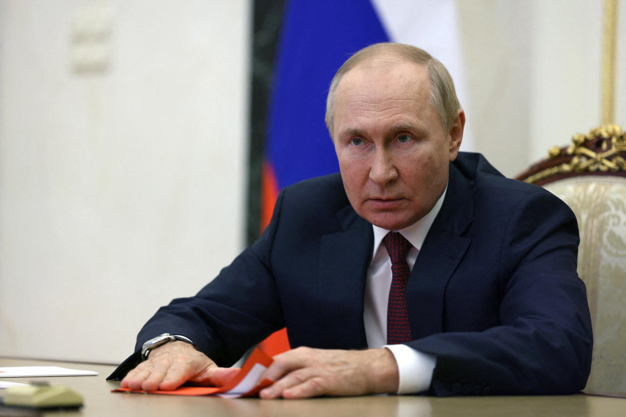 Russian President Vladimir Putin attends a meeting with members of the Security Council via a video link in Moscow, Russia, September 29, 2022. Sputnik/Gavriil Grigorov/Kremlin via REUTERS ATTENTION EDITORS - THIS IMAGE WAS PROVIDED BY A THIRD PARTY.     TPX IMAGES OF THE DAY