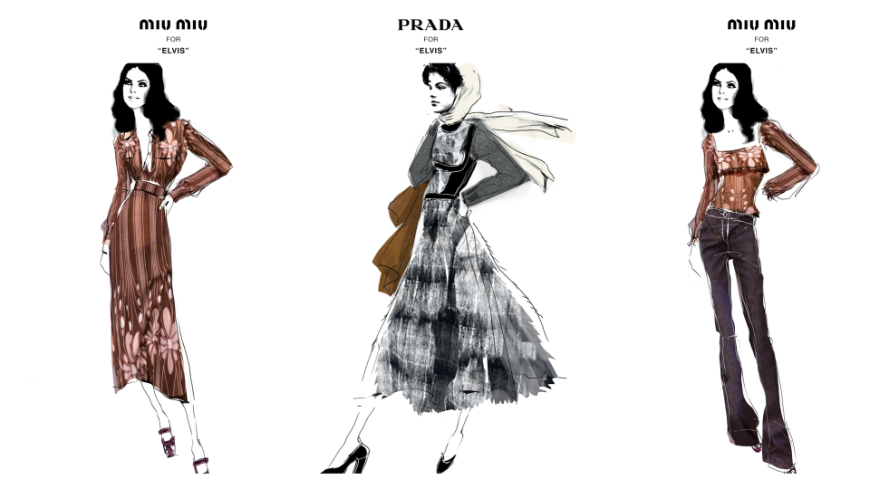 Sketches of Prada and Miu Miu looks created by Miuccia Prada in tandem with costume designer Catherine Martin for the Priscilla Presley character played by Olivia DeJonge in Baz Luhrmann’s biopic “Elvis.” - Credit: Courtesy of Prada