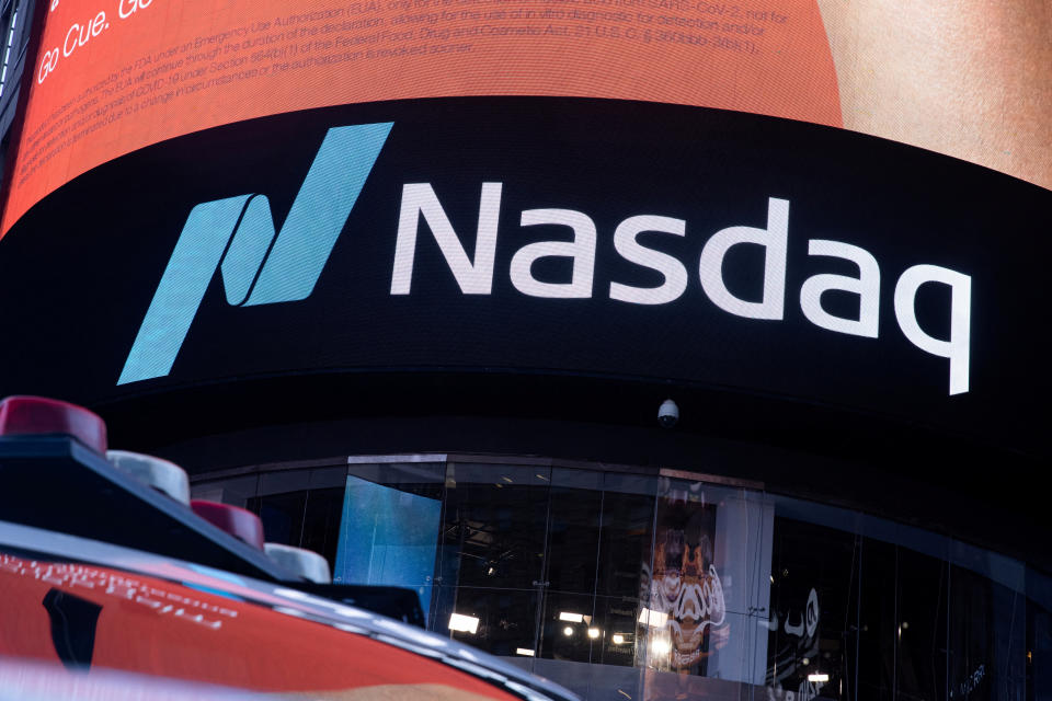 The Nasdaq logo is displayed at the Nasdaq Market site in Times Square in New York City, Dec. 3, 2021.