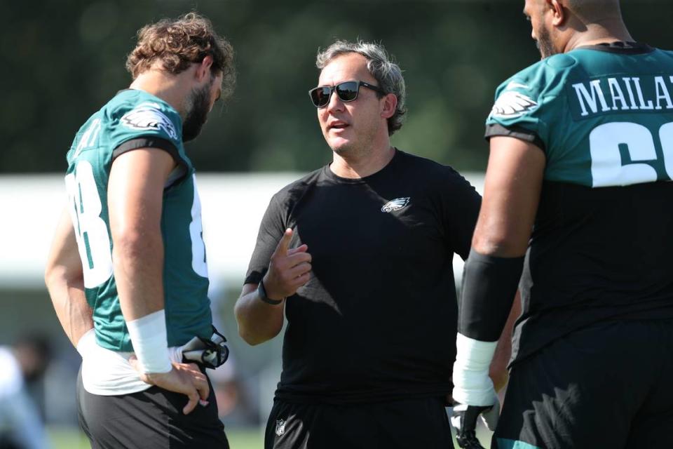 Former Lawrence County High School and Western Kentucky University quarterback Jason Michael (center) coached in his first Super Bowl last February as the tight ends coach of Philadelphia. The Eagles fell to Kansas City 38-35. “(Losing in Super Bowl LVII) makes you hungry to get back there,” Michael says.