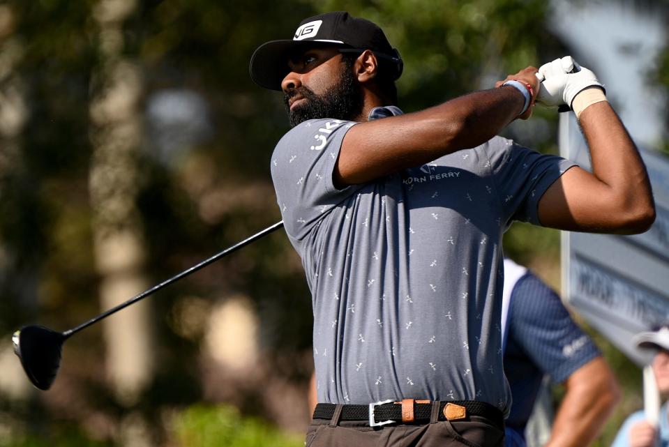 Sahith Theegala tees off on the ninth hole during the final round of the PGA QBE Shootout Golf tournament at the Tiburon Golf Club, Sunday, Dec. 11, 2022 in Naples.